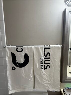 Celsius Beach White Cotton Bath Towels with Black Logo - Set of 2